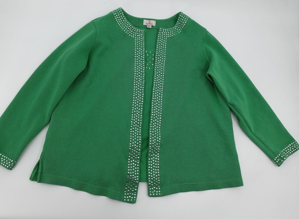 Quacker Factory Cardigan Sweater Womens 1X Green Rhinestone Open Front